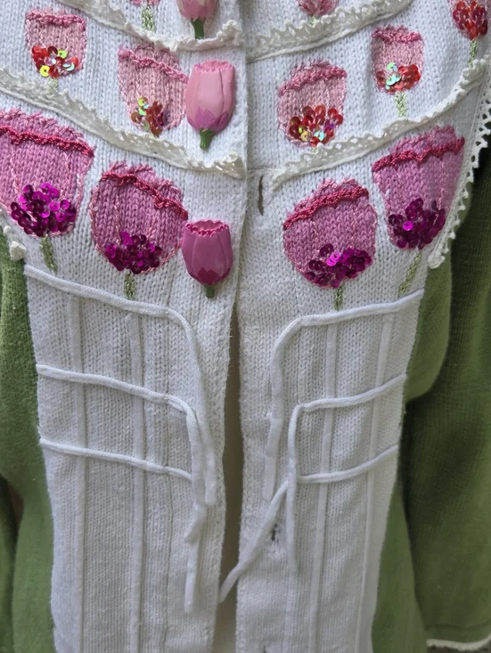 Storybook Knits Green and White Floral Appliqué Women’s Sweater Cardigan Tulips - Picture 4 of 10
